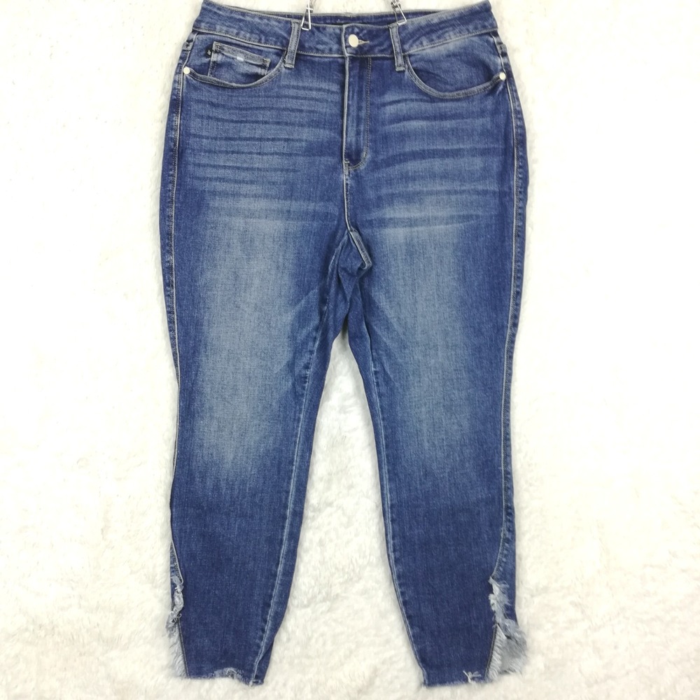 Judy Blue Womens Jeans Skinny Ankle Blue Denim Raw Split Hem Whiskering Plus 18W
